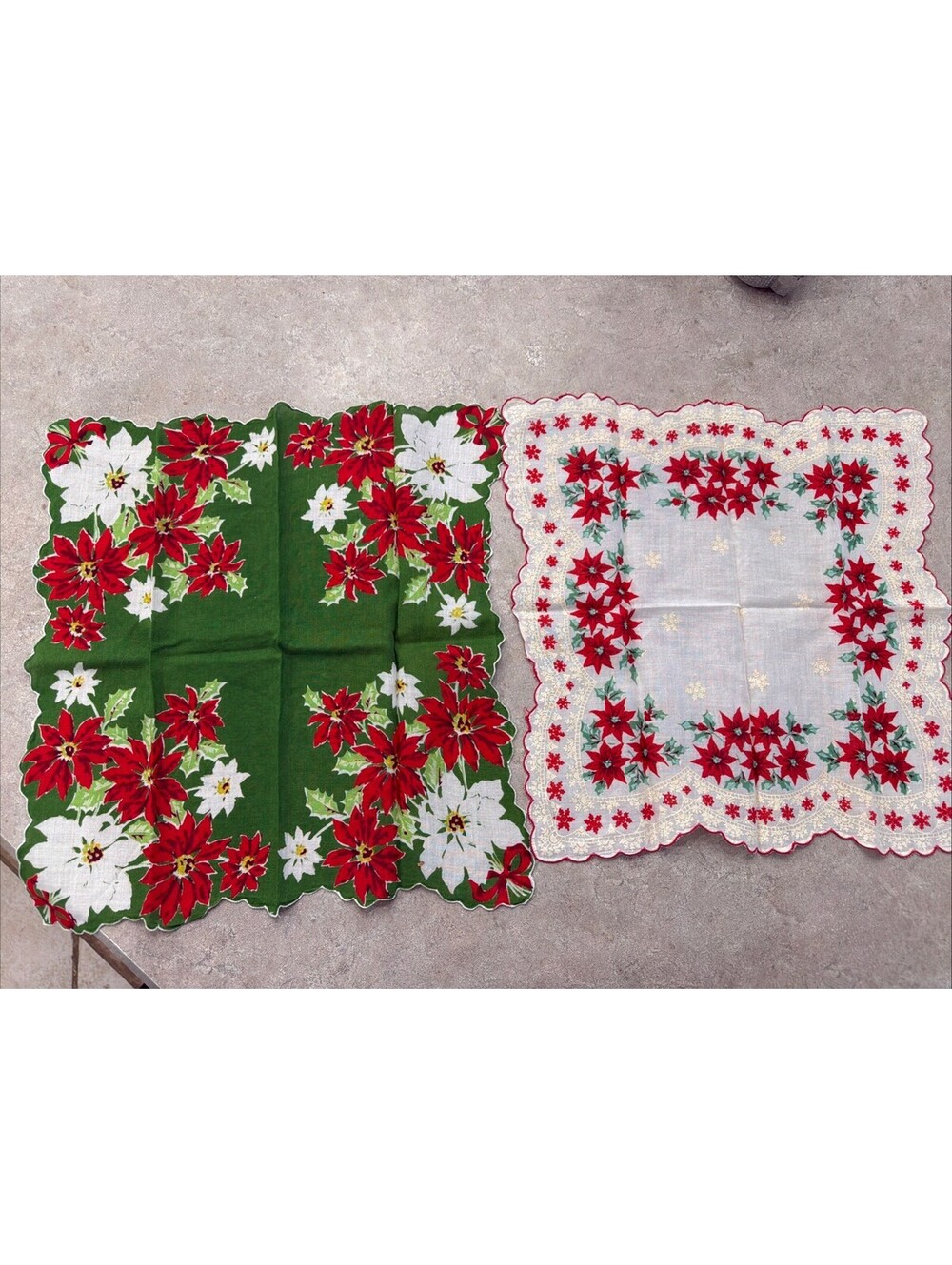Vintage Christmas Hankies Lot 2 Poinsettia Handkerchiefs Holiday Perfect Cond